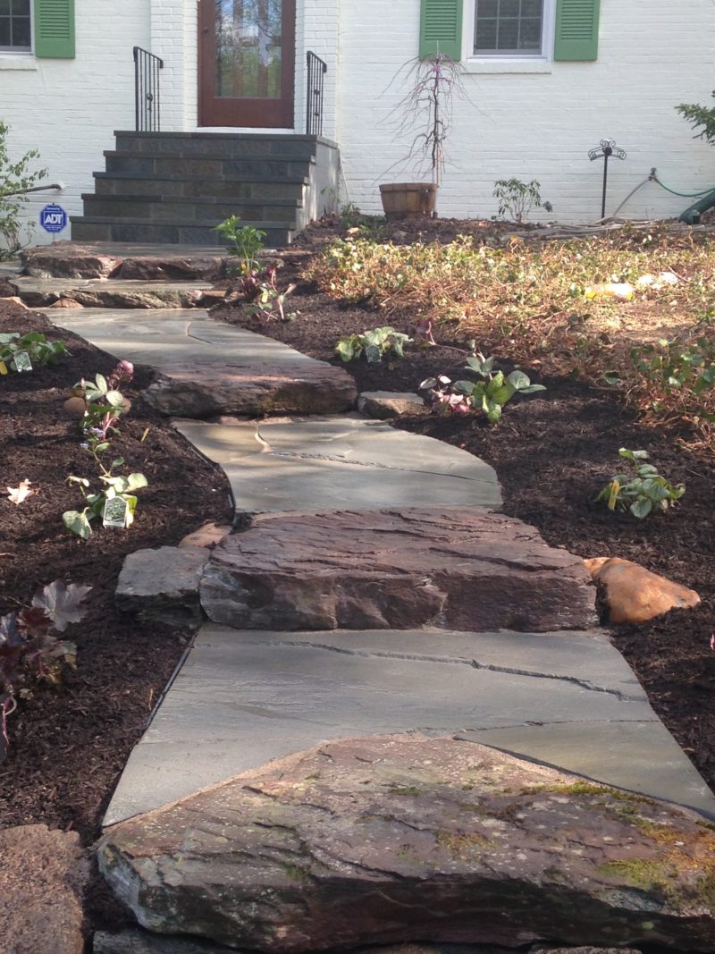 boulder steps and irregular flagstone walkway